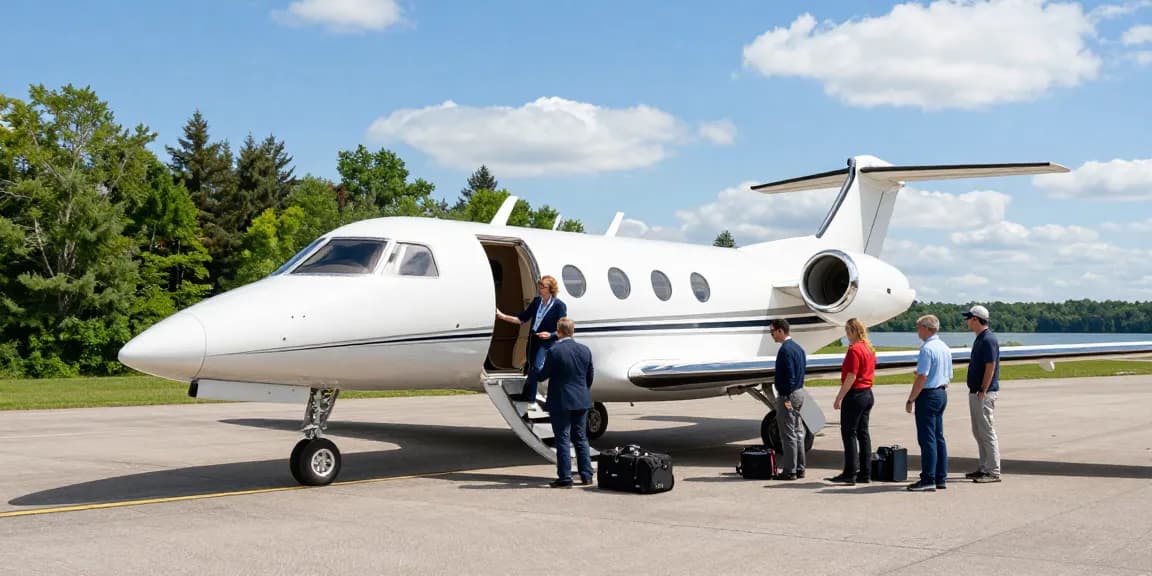 Executive charter flights Ontario: Business leaders boarding Piper PA-31 Navajo at a private FBO in Ontario under a sunny sky.