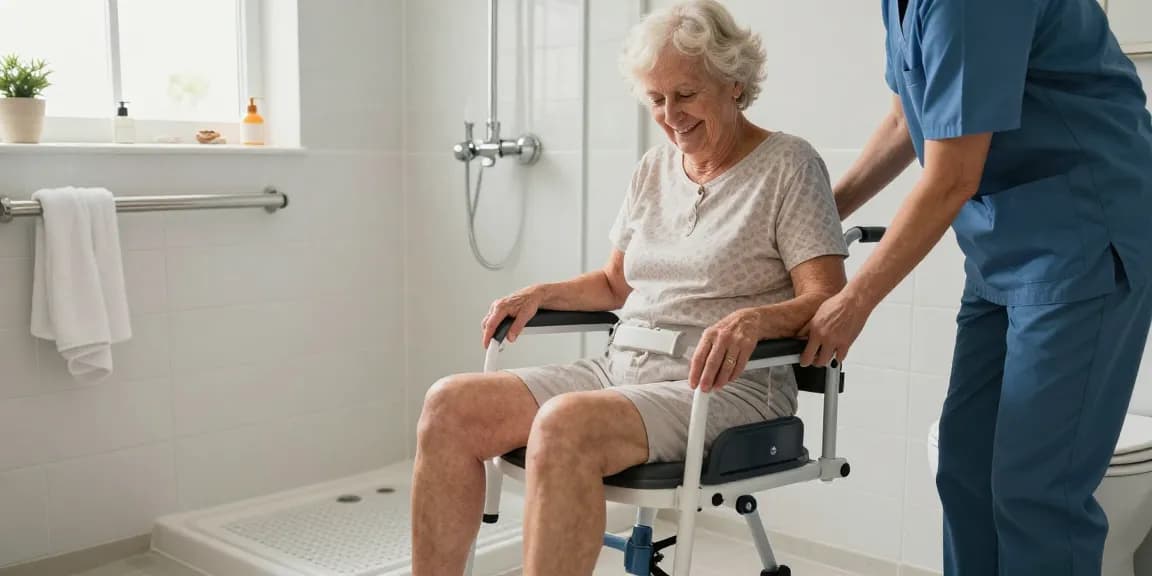Senior using a shower commode in a safe, cozy bathroom, assisted by caregiver.