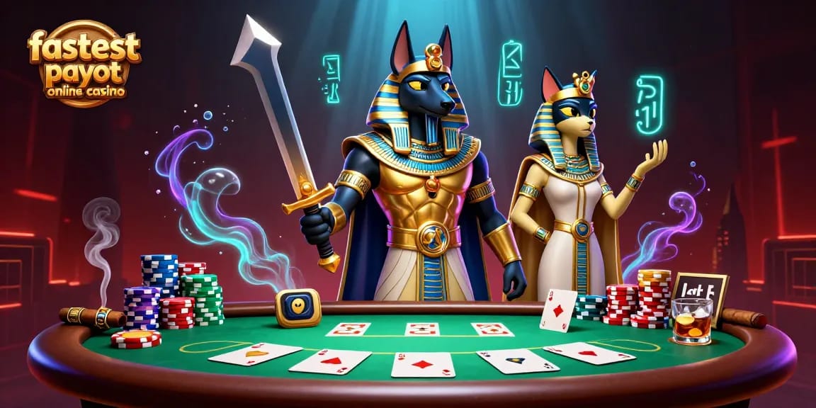 Engage in strategic gaming at the fastest payout online casino with Anubis and Bastet surrounded by poker elements.