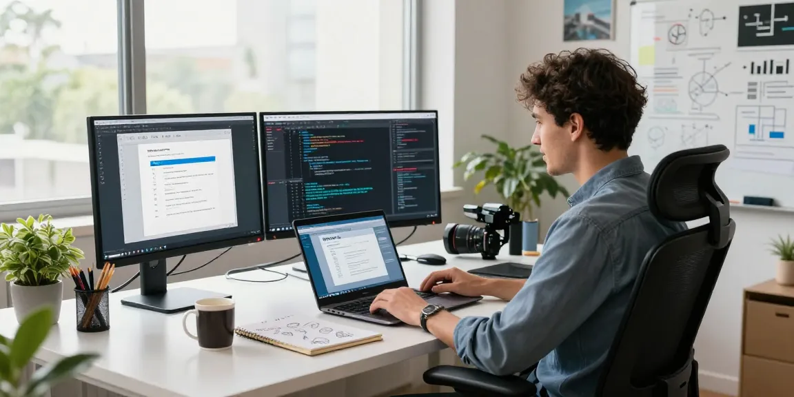 Developer using WPS Official Website in a modern office workspace, showcasing productivity and innovation.