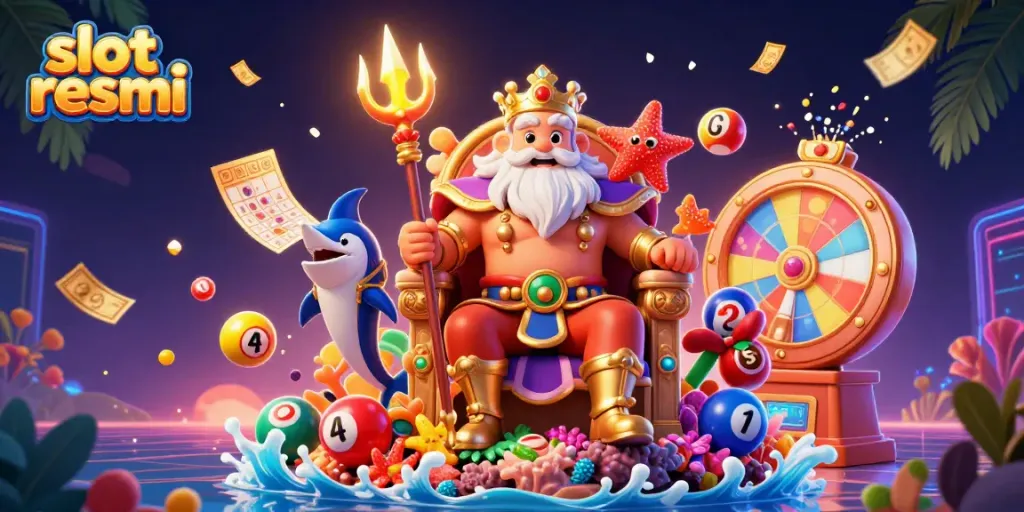 Watch slot resmi in action with Neptune and vibrant lottery elements illustrating excitement