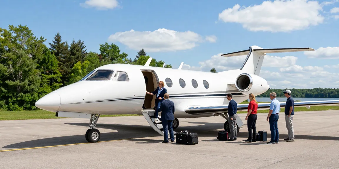 Executive charter flights Ontario: Business leaders boarding Piper PA-31 Navajo at a private FBO in Ontario under a sunny sky.