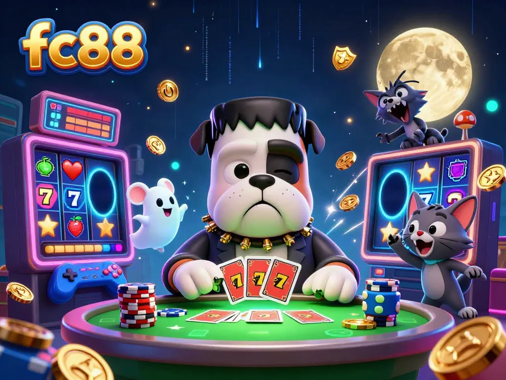 Experience the thrill of fc88 with a 3D cartoon scene showcasing colorful slot machines, lively characters, and casino elements.