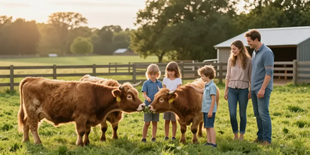 Mini cows for sale in Florida on a family-friendly ranch during sunset.