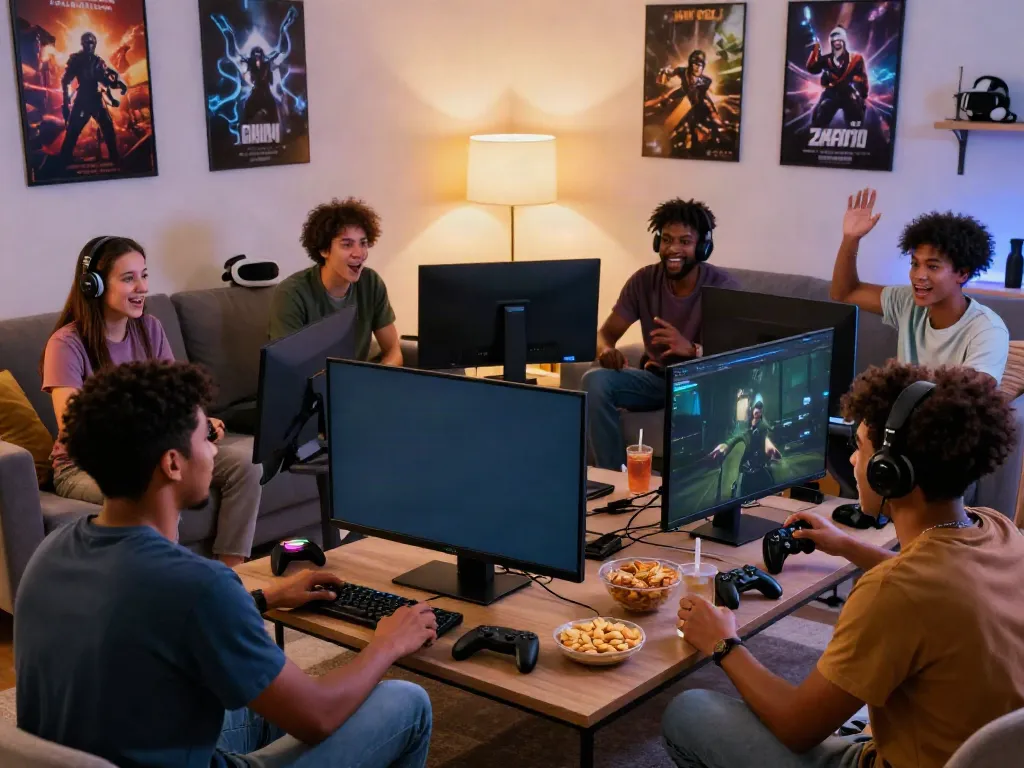Friends engaged in rokok88 login gaming session at home, showcasing excitement and camaraderie.