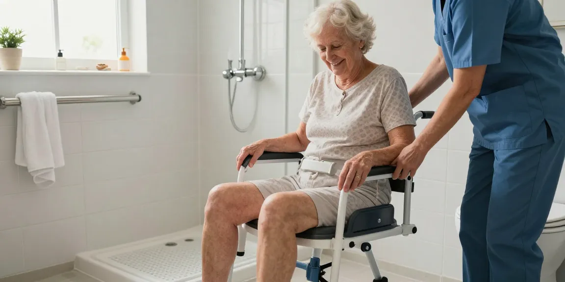 Senior using a shower commode in a safe, cozy bathroom, assisted by caregiver.