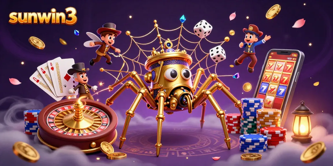 Experience the thrill of sunwin3 with a dynamic steampunk casino scene featuring a golden spider and a Victorian fly gentleman.
