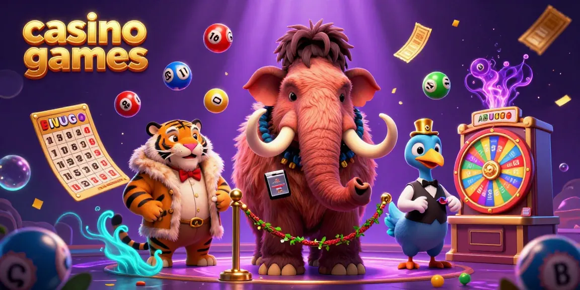 Experience thrilling casino games with a vibrant scene featuring a woolly mammoth bouncer, a saber-tooth tiger, and energetic lottery elements.